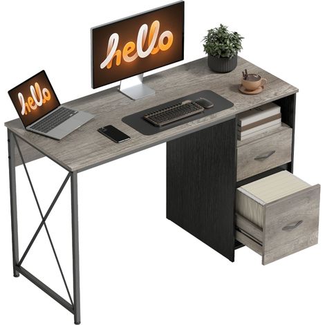Bureau d'ordinateur 120 x 50 cm, style industriel, avec compartiment et 2 tiroirs, gris clair. (1/5)