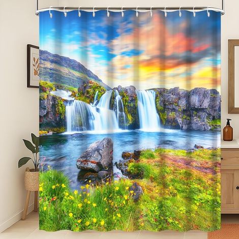 Rideau de Douche Printemps Rideau de Douche Cascade d'été du lac Vert Rideau de Douche Cascade d'Herbes et de Fleurs Tissu imperméable et Lavable en Machine 150x200cm (1/5)