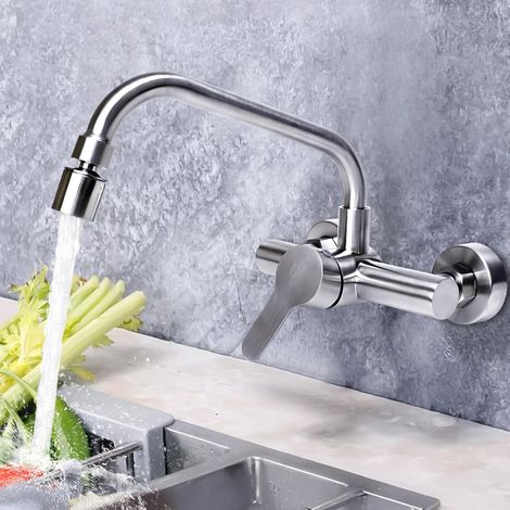 Robinet Cuisine Mural Pivotant à 360 ° Inoxydable Mitigeur Cuisine Réglable Eau Chaude et Froide 2 Modes de Sortie Eau pour Évier de Cuisine Argent (1/5)