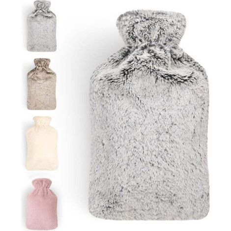 Bouillotte premium avec housse en fausse fourrure douce 2l - bouillotte en caoutchouc naturel - bouillotte cadeau petite amie - bouillotte luxe - bouillotte anti-fuite gris (1/4)