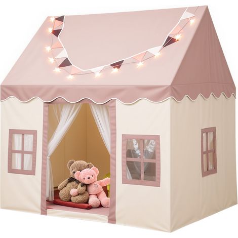 Tente de jeu enfant 120 x 100 x 130 cm, maison princesse avec tapis, guirlande et lumière, intérieur extérieur, rose (1/5)