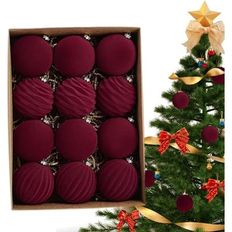 Boule de Noël, boules de Noël en velours, 12 pièces, boules de Noël floquées, boules rouges pour sapin de Noël (1/5)