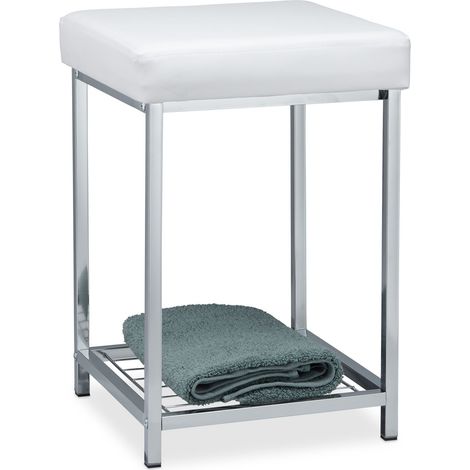 Relaxdays Upholstered Stool, Small, Square, Storage Shelf, Bath Stool, HWD 47x33x33 cm, White (1/6)