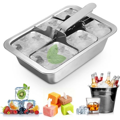 Bacs à glaçons – Grands bacs en acier inoxydable à 6 compartiments avec leviers d'éjection facile – Machine à glaçons métallique portable et réutilisable, idéale pour la famille et le bar.