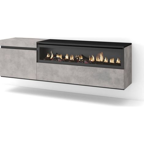 Meuble TV Banc Télé Grand Espace de Rangement 150x45x35cm pour Les TV jusqu'à 65" Cheminée électrique Suspendu, Mural Style Moderne Ciment (1/5)