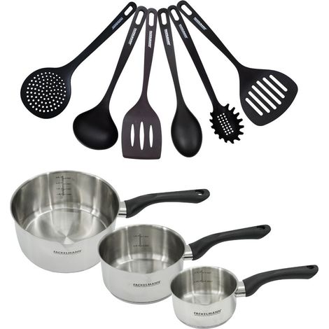 Set 3 casseroles 12 16 et 20 cm en inox et 6 ustensiles Fackelmann Geneva (1/5)