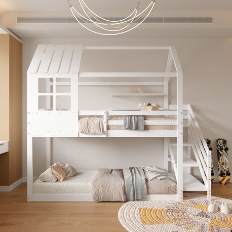 Etagenbett 90x200 cm – Massivholzbett mit Ecktreppe, Kojenbett, Kinderbett mit Rausfallschutz und Gitter, mit Fenster, Kiefernstruktur – Weiß (1/5)