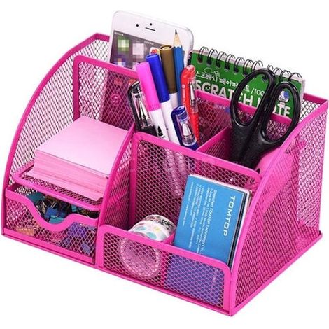 Porte-stylos 6 compartiments et 1 tiroir - Organiseur de bureau - Maille - Métal - Rose (1/5)