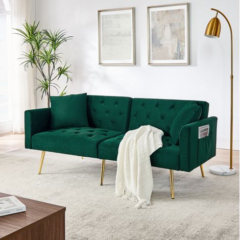 2-Sitzer Sofa grün aus Samt mit verstellbarer Rückenlehne, 2 Kissen und goldfarbenen Metallbeinen (1/5)