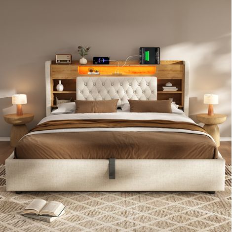 Bett Retro 160x200 cm beige Leinenoptik mit Kopfteilregal, LED, USB/USB-C und hydraulischem Bettkasten (1/5)