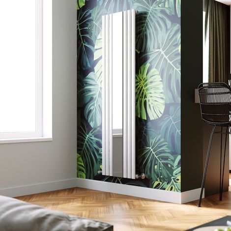 ELEGANT Vertical Column Designer Radiator White Oval Single Panel Rad 1800 x 500mm with Mirror + Angled Radiator Valves (1/5)