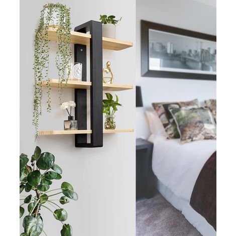 Hofuton Étagère Murale en Bois de Pin, Étagère Flottante Ajustable 3 Niveaux, Organisateur Suspendu et Décoration pour Maison, Noir (1/5)