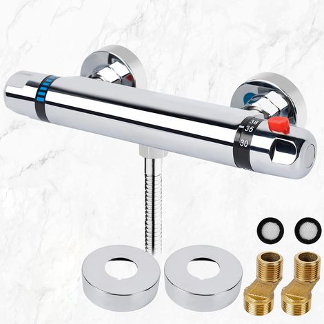 Thermostat-Duscharmatur, 135–160 mm, universelle Messing-Thermostat-Duscharmatur mit 38°C-Sicherheitsknopf, verchromt (1/5)