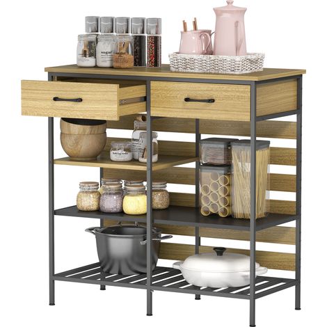 Küchensideboard mit 2 Schubladen und 3 offenen Regalfächern, 90 x 40 x 91 cm, Naturholz und Schwarz