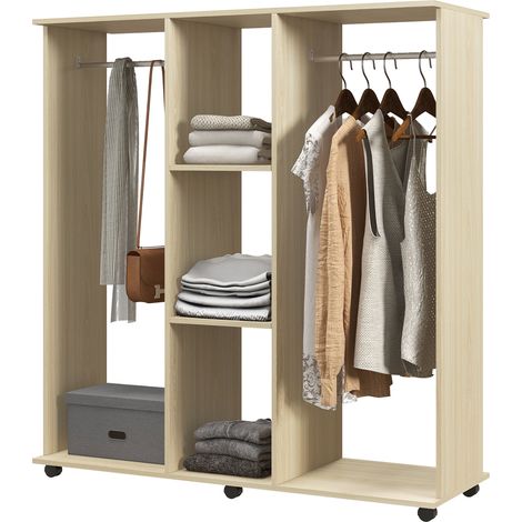 Rollkleiderschrank mit 2 Kleiderstangen und 3 offenen Regalböden, Holz und Aluminium, 120 x 40 x 128 cm, Holzoptik