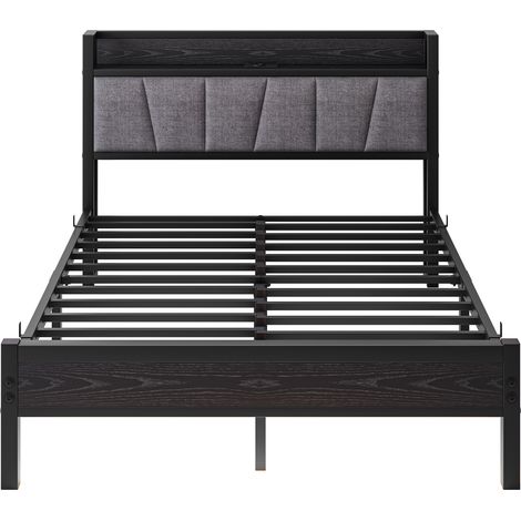 Cama 140x190 cm de metal y MDF negro con LED, USB y enchufe (1/5)