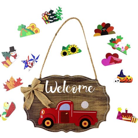 Plaque Porte - Bois Naturel 30 x 20 cm - Décoration Porte Extérieure Intérieure - Kit Changeable avec 12 Accessoires - Pour Maison Jardin Fête (1/5)