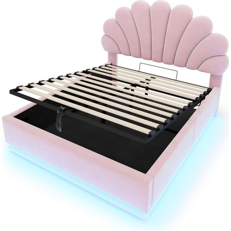Letto contenitore 140x200 cm in velluto rosa, testiera a fiore, LED e struttura in metallo MODENUIT (1/5)