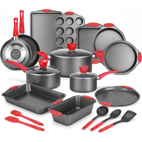 Batterie de Cuisine 21 Pièces Antiadhésive Casseroles Poêles Moules Ronds Carrés Pain Muffins Plaque Pizza Plaque Biscuits Ustensiles Silicone (1/5)