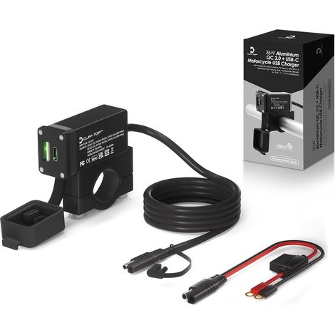 Chargeur USB de moto en aluminium 36W PD USB-C et QC 3.0 avec interrupteur d'alimentation magnétique et étanche pour guidons 7/8 '', 1'', 1 1/4 " - Empêche la décharge de la batterie. (1/5)
