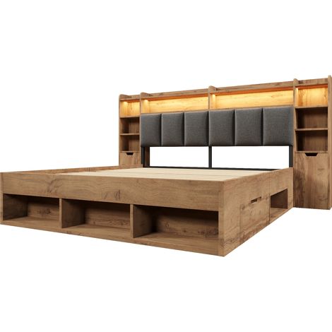 Lit double système 180x200 cm, couleur chêne, tête de lit rembourrée avec éclairage LED, chevets avec ports USB et Type-C, rangements et tiroirs à roulettes, sommier à lattes en bois (sans matelas)