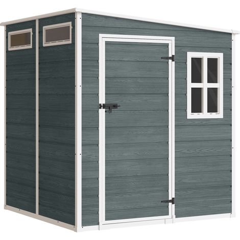 Abri de jardin cabanon rangement extérieur avec plancher aluminium, 3 fenêtres, 2 aérations, 182x182x183 cm, gris aspect bois. (1/4)
