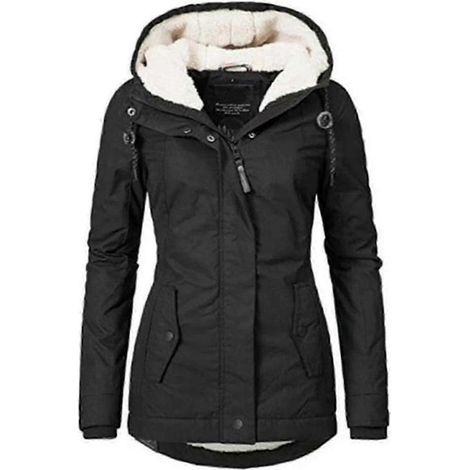 Abrigo de invierno impermeable y cálido con capucha, forrado de felpa gruesa, de algodón, para mujer (XL, negro)
