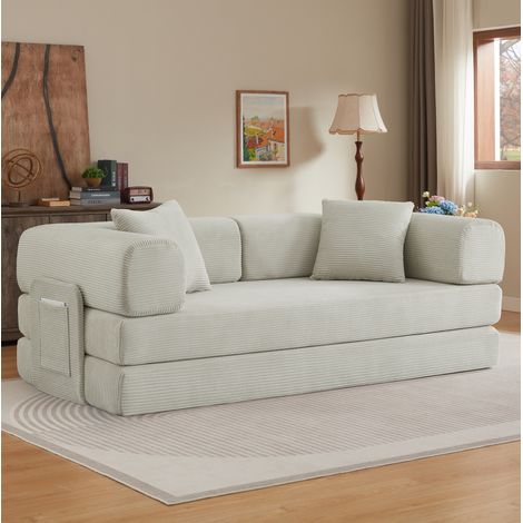 Sofá cama recto convertible de espuma, 2 colchones de 17 cm de grosor, asiento de 35 cm de altura, estructura de acero cromado, pana beige (1/5)