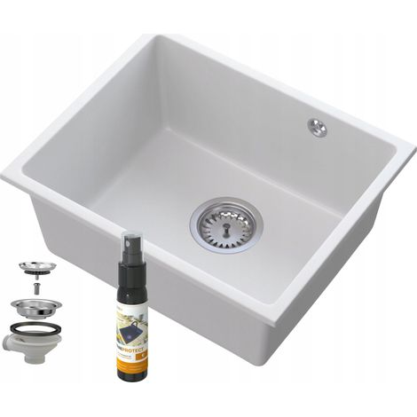 Évier de cuisine en granit Manado 46 × 37.5 cm blanc sous plan avec distributeur et siphon (1/5)