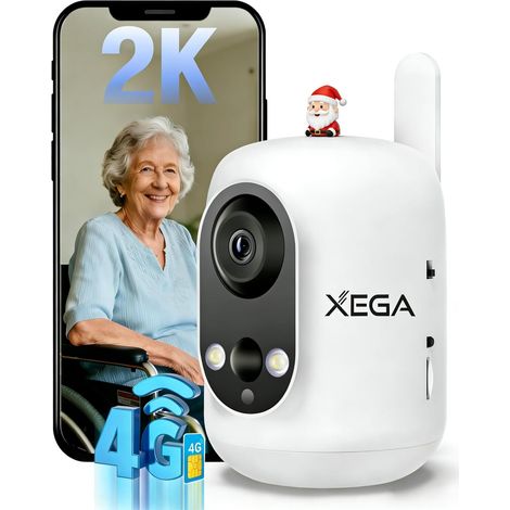 XEGA Caméra Surveillance Intérieure 4G LTE avec Carte SIM, 2K sans WiFi, Batterie 6000mAh, pour Bébé Animaux Personnes Âgées, PIR, Vision Nocturne (1/5)