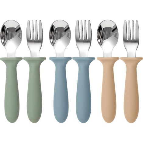 Couverts pour tout-petits, ensemble de 6 pièces avec manches en silicone, fourchettes et cuillères en acier inoxydable 18/8, sans danger pour les enfants, compatibles lave-vaisselle (1/4)