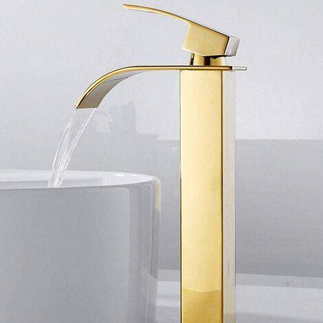 Robinet salle de bain lavabo haut cascade bec pour vasque,Mitigeur eau froide et chau moderne carré chromé trou simple (1/5)