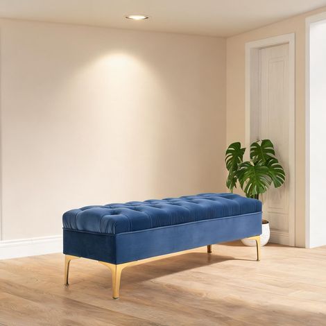 Banc de rangement en velours bleu à pieds dorés pour salon (1/5)