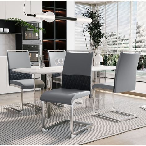 Moderne Esszimmerstühle 4er Set, Rücklehne aus PU Kunstleder und Leinen, hoher Rücken gepolstert Side Chair, Querstreifen Rückenlehne Design für Esszimmer, Küche, Gast Bürostuhl, grau (1/5)