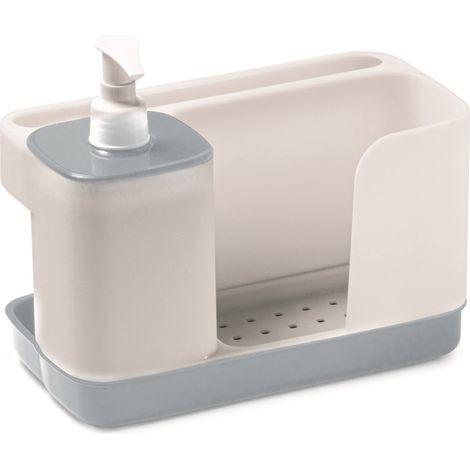 Snips Riordinello - Dispenser Sapone Cucina e Bagno 3in1, Set Porta Spugne Lavello Cucina, Porta Sapone Dosatore 400ml e Strofinacci, Organizer Lavello Salvaspazio 21x12x18 Made in Italy Bianco/Grigio (1/4)