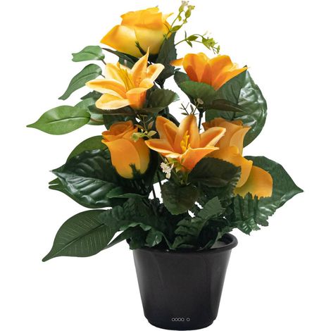 Pot de Boutons de Roses fleurs artificielles pour le cimetière H 34 cm D 23 cm Jaune - couleur: Jaune