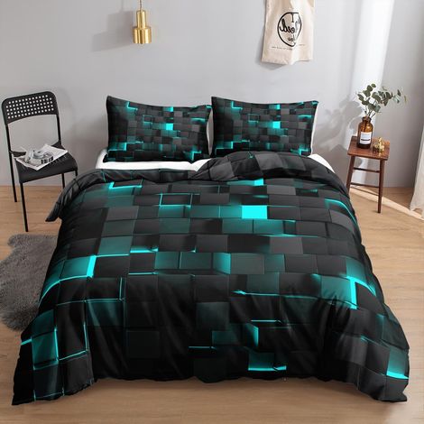 Bettwäsche-Set 200x200 cm Schwarz Türkis 3D Würfel Muster Mikrofaser mit Reißverschluss