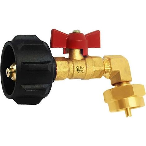 Adaptateur de remplissage de propane coudé à 90° QCC1 type 1 avec vanne de contrôle pour bouteille de 1 lb de gaz propane pour barbecue de camping (1/5)