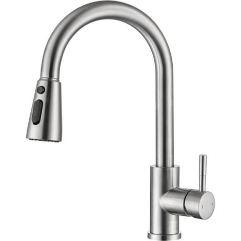 Single-handle kitchen faucet in brushed nickel with pull-out spray head, modern and commercial style, in stainless steel (1/4)