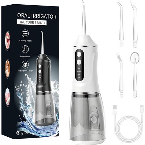 Hydropulseur Dentaire,Hydropulseur pour Dents Sans Fil,3 Modes,4 Embouts,Rechargeable,Réservoir de 380ML,Étanchéité IPX7,pour Maison et Voyage(Blanc) (1/5)