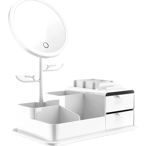 Caja organizadora de cosméticos con espejo de maquillaje LED - Blanca