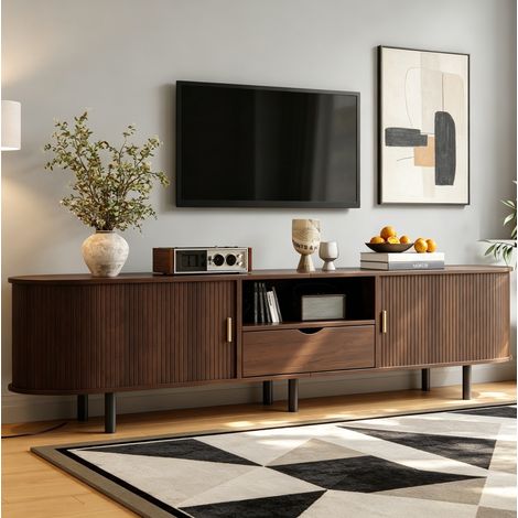 Mueble TV nogal 175 cm con puerta corredera, cajón, nichos y almacenaje, diseño redondeado moderno, 55 cm (1/5)