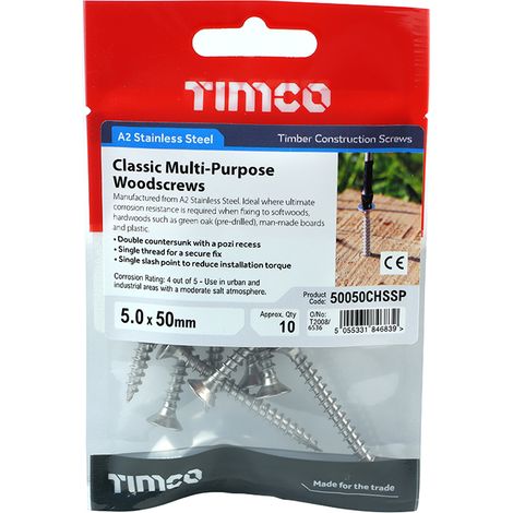 TIMCO Classic Multi-Purpose Countersunk A2 Stainless Steel Woodcrews - 5.0 x 50