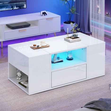 Table basse 100x50x40 cm blanche avec LED, 1 tiroir et rangements, panneaux de particules MEUBLIV (1/5)