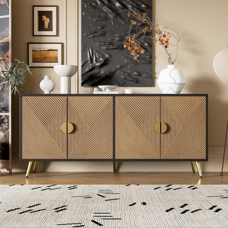 Modernes Wohnzimmerschrank-Sideboard – 160 x 40 x 75 cm – 4 Türen mit Soft-Close-Funktion, Griffe aus gebürstetem Gold – MDF und Spanplatten, schwarz und Holz (1/5)