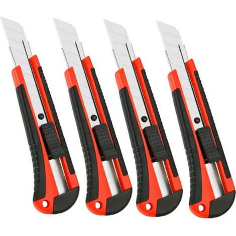Lot de 4 cutters robustes rétractables, lames de 18 mm à casser, qualité professionnelle industrielle pour usage intensif. (1/4)