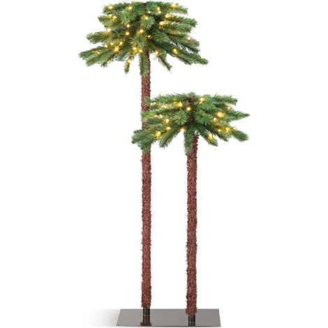 GOPLUS Arbre de Noël Artificiel Illuminé, 107 cm + 152,5 cm, Palmier de Noël Tropical à Deux Troncs avec 100 Lumières LED Blanc Chaud, Support Métallique, Arbre de Noël pour la Maison Bureau (1/5)