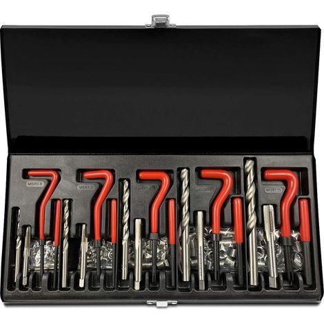 Ikodm – Set de réparation filetages 131 pièces – 110 inserts M5/M6/M8/M10/M12 – 5 forets hélicoïdaux et tarauds – Pour moteurs et bougies (1/5)