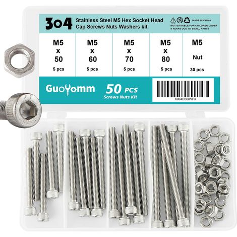 Lot de 50 vis à six pans creux M5 avec écrous en acier inoxydable 304 Jeu de boulons mécaniques entièrement filetés dans une boîte combinée, longueurs : 50 mm 60 mm 70 mm 80 mm (1/5)