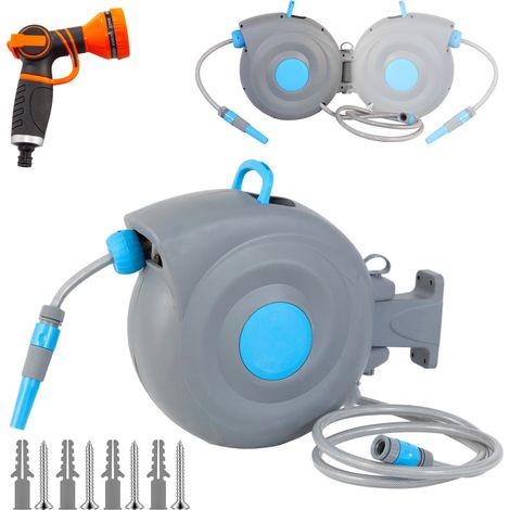 Enrouleur mural automatique pour tuyau d'arrosage 20 m avec pistolet 9 jets, PVC bleu, pivotant 180°, avec support mural (1/5)